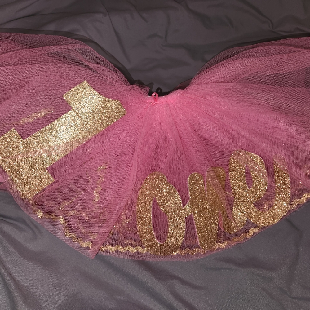 Mudpie 1st Birthday Tutu 12mo Pink w/matching hat clip